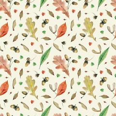Seamless autumn watercolor pattern with oak leaves and acorns on a light background.