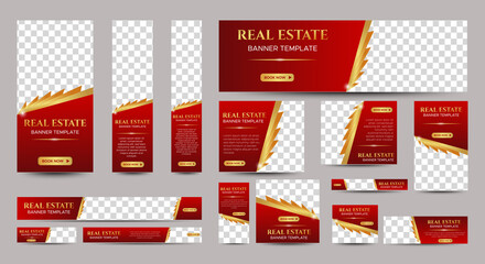 Real Estate web banner design template Set with red background. Vertical, Horizontal and Square banners with standard size and place for photos. Vector design EPS 10	