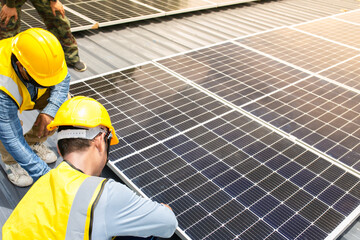 Male technician installing photovoltaic solar modules with screw. Man electrician panel sun sustainable resources renewable energy source alternative innovation.