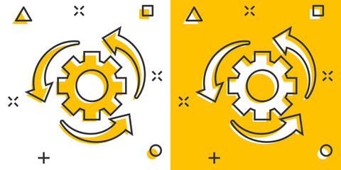 Workflow process icon in comic style. Gear cog wheel with arrows vector cartoon illustration pictogram. Workflow business concept splash effect.