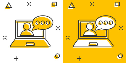 Online training process icon in comic style. Webinar seminar vector cartoon illustration pictogram. E-learning business concept splash effect.