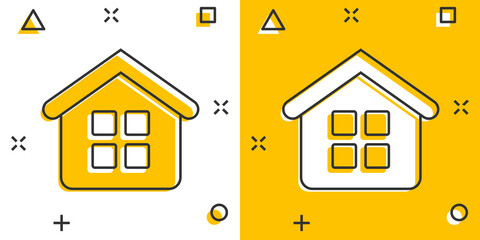 House building icon in comic style. Home apartment vector cartoon illustration pictogram. House dwelling business concept splash effect.