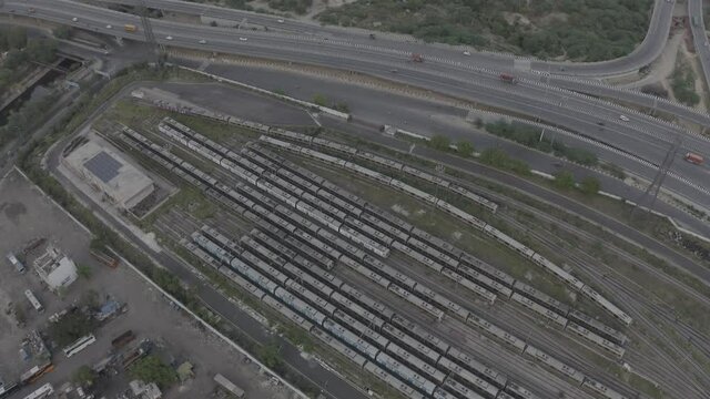 An aerial shot of Delhi Metro's parked at their yard during COVID-19 lockdown at New Delhi,India
