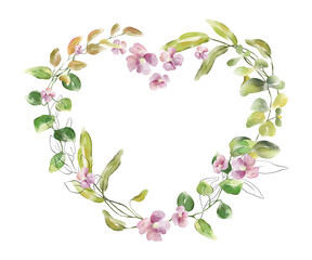 Heart shaped watercolor floral wreath llustration. Isolated on white background.