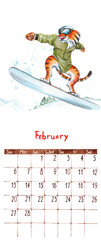 Cartoon tiger is an athlete on a snowboard in the mountains from a series of calendars for 2022. Calendar, print, decoupage, postcard, banner.