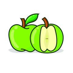Green apple with sliced another apple. green apple vector illustration with shadow and white background