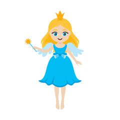 Adorable little girl fairy with a crown and a magic wand vector. Cute little girl in a blue princess dress icon vector. Cute fairy with wings icon isolated on a white background