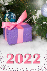 A gift for Christmas in the snow under the tree with with number 2022 Vertical card.