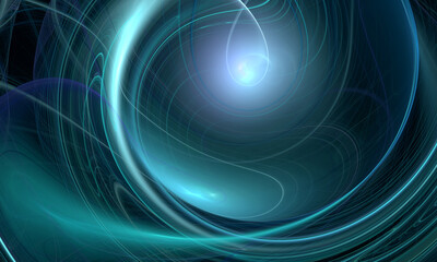 Abstract digital 3d portal to another dimension with rotating orbits, circles or rings and glowing spotlight in perspective. Technological concept in turquoise and dark blue colors and lights.