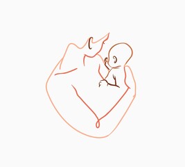 Hand drawn vector abstract stock flat graphic contemporary line art,aesthetic fashion illustration with bohemian,beautiful modern female with a baby in her arms in simple trendy style,for branding.