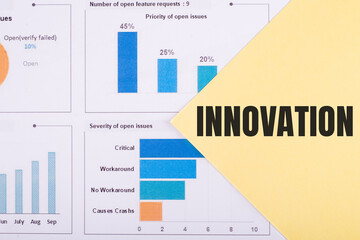 The word INNOVATION is written on a yellow background with charts and graphs.
