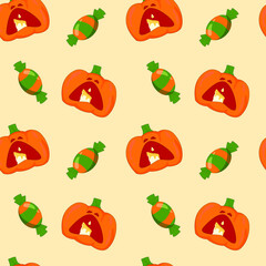 Hand drawn pumpkins and candies seamless pattern