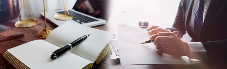 Business and lawyers discussing contract papers with brass scale on desk in office. Law, legal services, advice, justice and law concept picture with film grain effect