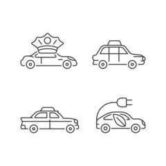 Obraz premium Taxi booking linear icons set. Chauffeur hire. Hackney carriage. Driving car on electric power. Customizable thin line contour symbols. Isolated vector outline illustrations. Editable stroke