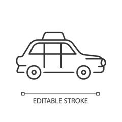 London cab linear icon. Hackney carriage. Minicab service. Public transportation. Black cab. Thin line customizable illustration. Contour symbol. Vector isolated outline drawing. Editable stroke