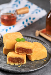 Taiwan Pineapple Cake Pastry, Taiwanese Famous Sweet Delicious Dessert Food (Nastar Taiwan or Nastar Hongkong), Copy Space Design.