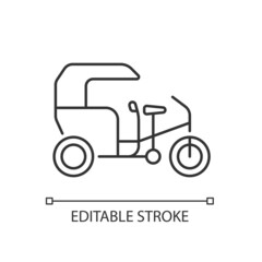 Tricycle taxi linear icon. Human-powered three-wheeled vehicle. Bike taxi with passenger cart. Thin line customizable illustration. Contour symbol. Vector isolated outline drawing. Editable stroke