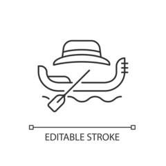 Gondola taxi linear icon. Venetian rowing boat for tourists carrying. Water taxi in Venice. Thin line customizable illustration. Contour symbol. Vector isolated outline drawing. Editable stroke