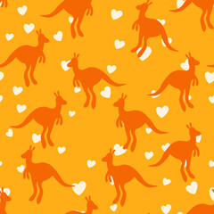 Vector flat illustration with silhouette kangaroo and baby kangaroo on fiery background. Seamless pattern on orange background. Design for card, poster, fabric, textile. Pray for Australia and animals