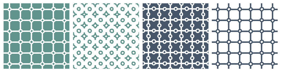 Blue green set of grid winter abstract seamless patterns. Vector illustrations on white background for book covers, wallpaper, apparel, home decor