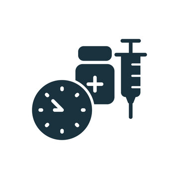 recommend clip art: Time to Vaccinate Silhouette icon. Syringe with Vaccine, Clock. Vaccine for Influenza, Coronavirus. Syringe, Bottle of Vaccine icon. Vaccination against Coronavirus. Vector illustration