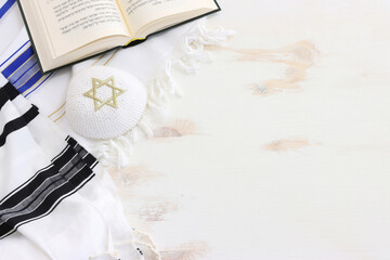 religion image of white prayer talit. Rosh hashanah (jewish New Year holiday), Shabbat and Yom kippur concept