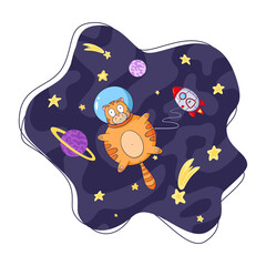 Naklejka premium Cat Astronaut Flying with Rocket in Space Cartoon Illustration. Hand Drawn cute cosmic animal sketch for logo, kids graphic tees, prints, stickers, posters and nursery decor