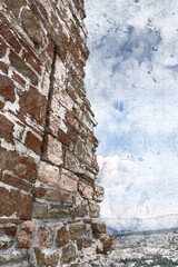 An ancient ruined stone wall against the sky. Defensive outer ci