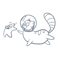Cat Cosmonaut and Star Illustration. Line Art animal astronaut touching star sketch for logo, coloring book and nursery decor, kids graphic tees, prints and stickers