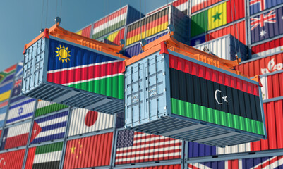 Freight containers with Namibia and Libya national flags. 3D Rendering 