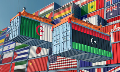 Freight containers with Algeria and Libya national flags. 3D Rendering 