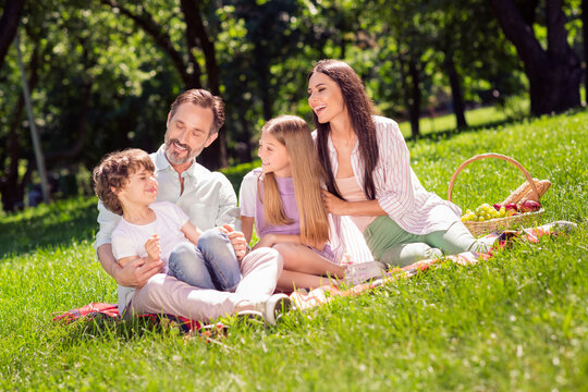 Photo of shiny sweet family wear casual clothes smiling having picnic sitting plaid blanket outdoors urban city park