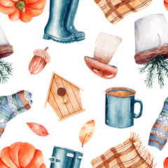 Autumn watercolor pattern with pumpkin and plaid