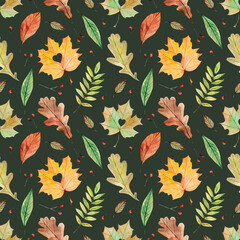 Seamless watercolor pattern with autumn leaves on dark background