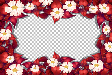 Red leaves with flowers frame on transparent background