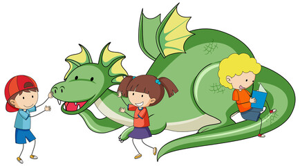 Simple cartoon character of green dragon with many kids isolated