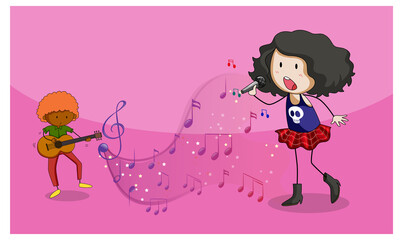 Doodle cartoon character of a singer girl singing with musical melody symbols