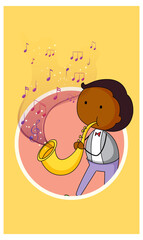 Doodle cartoon character of a man playing saxophone with musical melody symbols