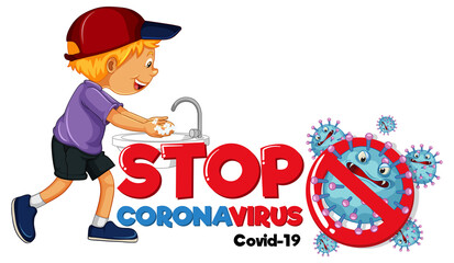 Stop Coronavirus banner with a boy washing hands on white background