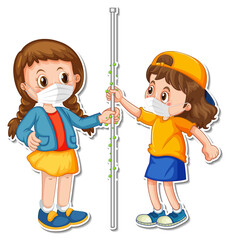 A sticker template of two people holding a pole with bacteria and virus