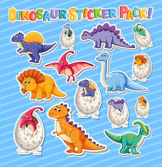 Sticker set with different types of dinosaurs cartoon characters