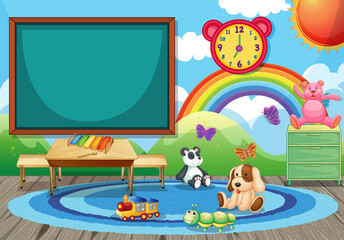 Empty kindergarten classroom interior with chalkboard and kid toys