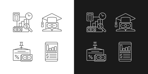 Investment linear icons set for dark and light mode. Education loan. Money management. Financial literacy. Customizable thin line symbols. Isolated vector outline illustrations. Editable stroke