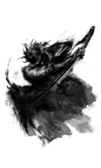 Angry samurai rushes into battle with a sword. 2D illustration
