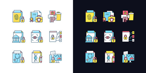 Confidential information types light and dark theme RGB color icons set. Biometric data. Paper shredding. Isolated vector illustrations on white and black space. Simple filled line drawings pack