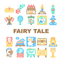 Fairy Tale Story Medieval Book Icons Set Vector. Castle And Knight Armour Equipment, Magician And Witch Fairy Tale Character, Magic Mirror And Glass Sphere, Dragon And King Line. Color Illustrations