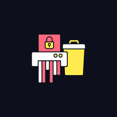 Sensitive information disposal RGB color icon for dark theme. Confidential waste. Shredding papers. Isolated vector illustration on night mode background. Simple filled line drawing on black