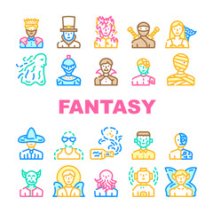 Fantasy And Magical Character Icons Set Vector. Zombie And Ghost, Angel And King, Burning And And Frankeinstein, Mummy And Vampire, Fairy And Steampunk Character Line. Color Illustrations