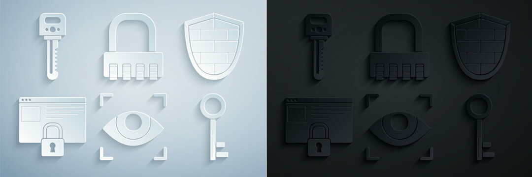 Set Eye scan, Shield with cyber security brick wall, Secure your site HTTPS, SSL, Key, Safe combination lock and icon. Vector