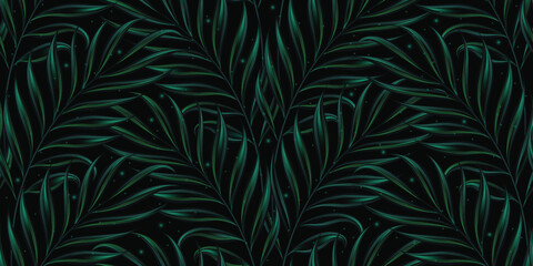 Tropical exotic seamless pattern. Bright night blue palm leaves on dark black space background. Hand-drawn neon premium vintage 3d vector illustration. Good for luxury wallpapers,cloth,fabric printing